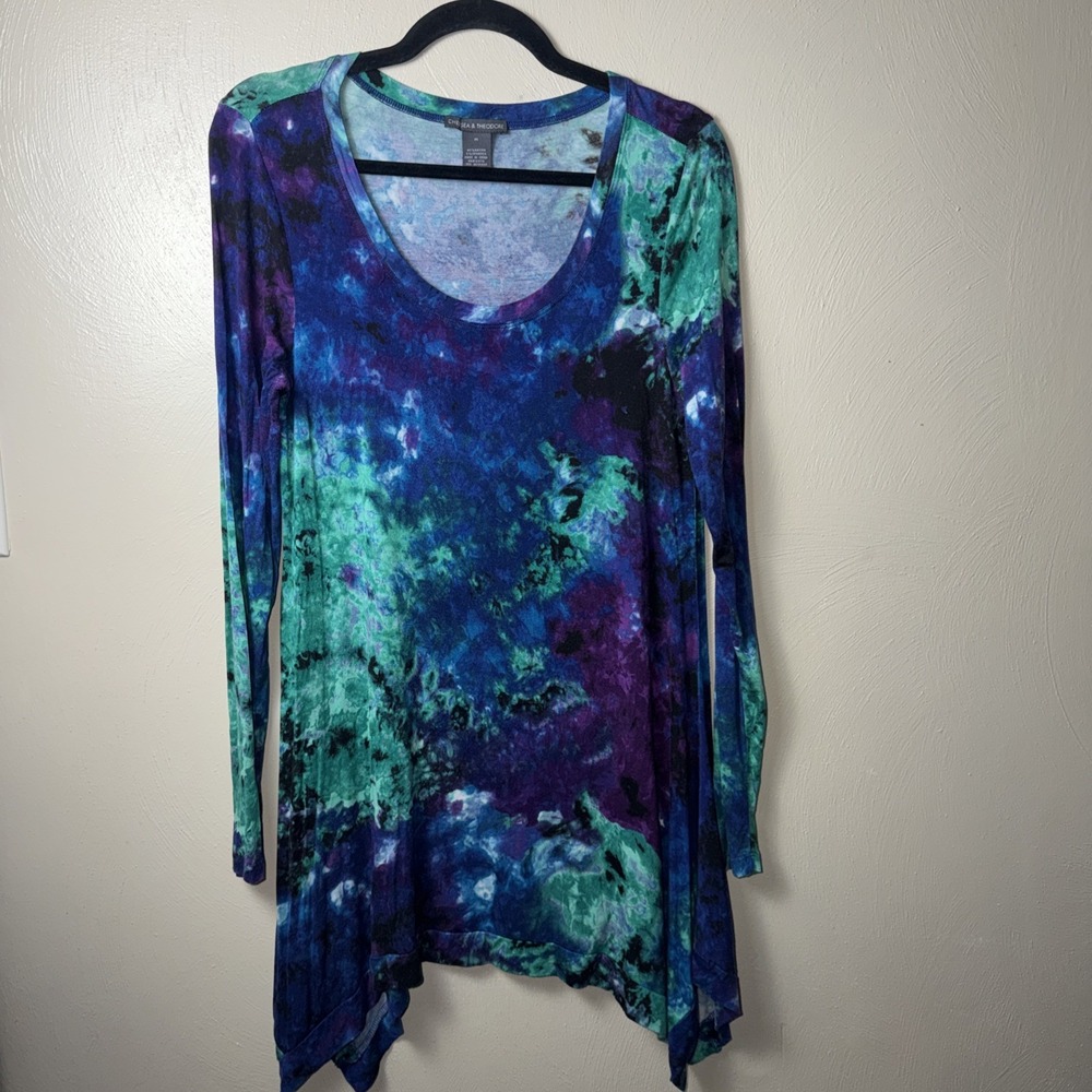 Chelsea & Theodore Rayon Blend Paint Spattered Tie Dye Tunic handkerchief hem M